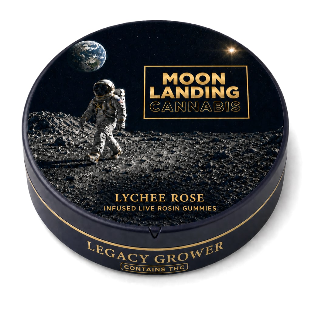 Moon Landing Live Rosin Gummies Lychee Rose midnight blue tin