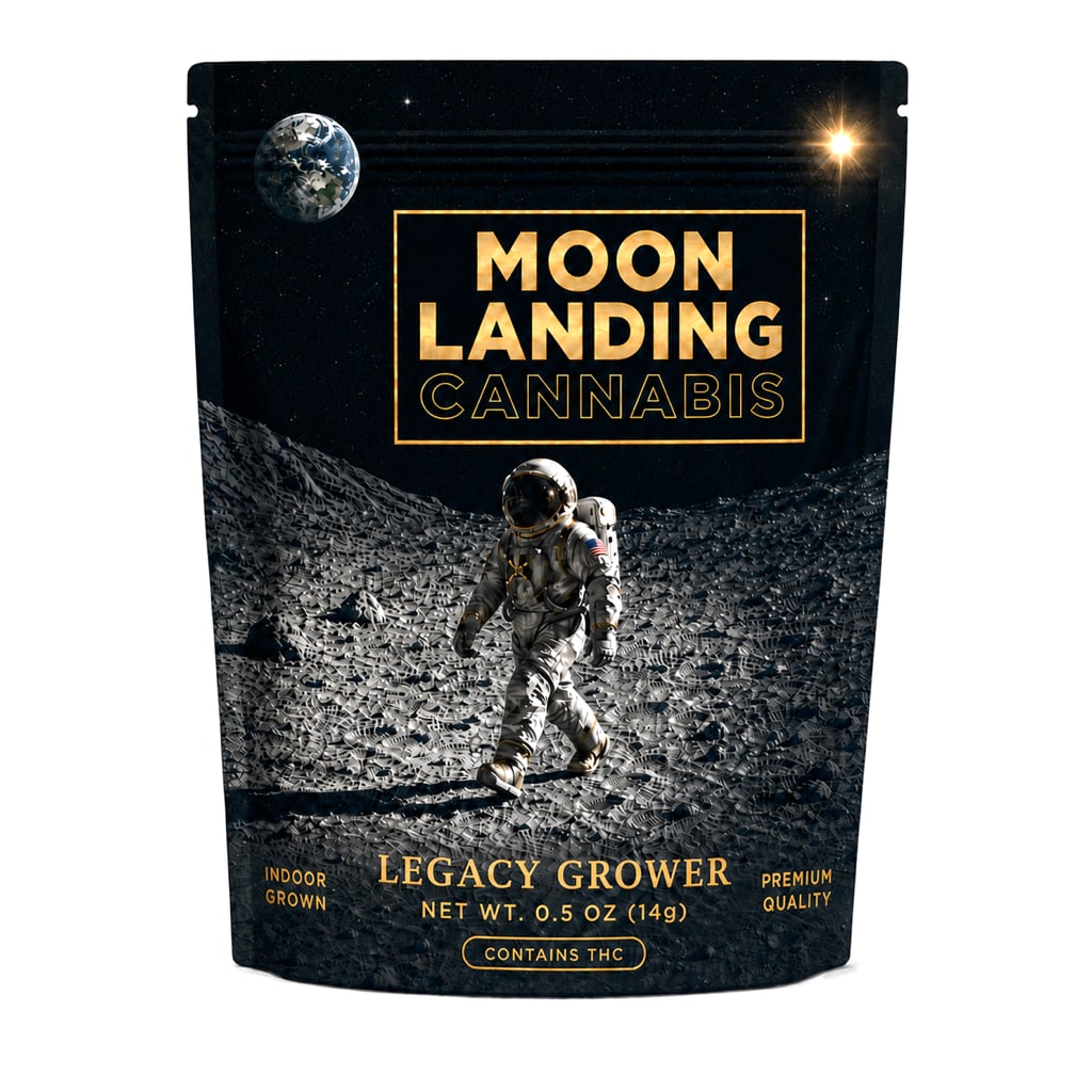 Moon Landing Half Ounce Flower in a midnight blue pouch