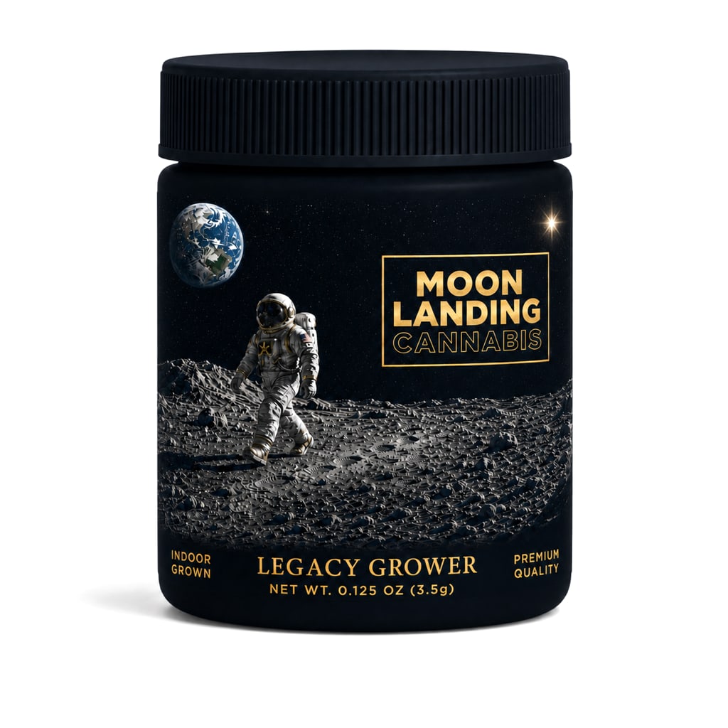 Moon Landing Eighth Flower in a midnight blue matte glass jar