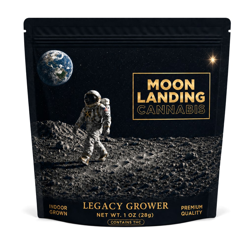 Moon Landing Ounce Flower in a midnight blue wide pouch