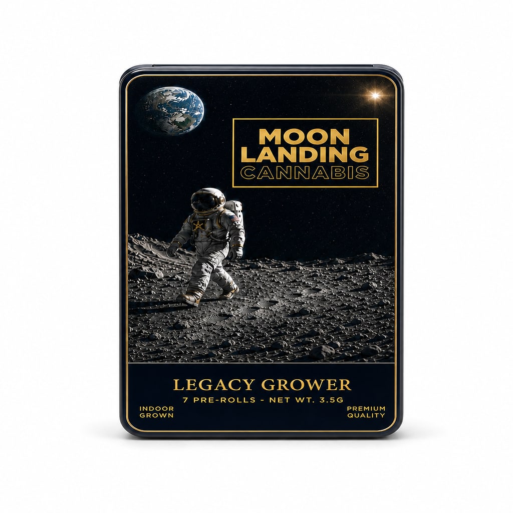 Moon Landing 7-pack Pre-Roll Tin, closed rectangular navy tin with Earth lid art, front view