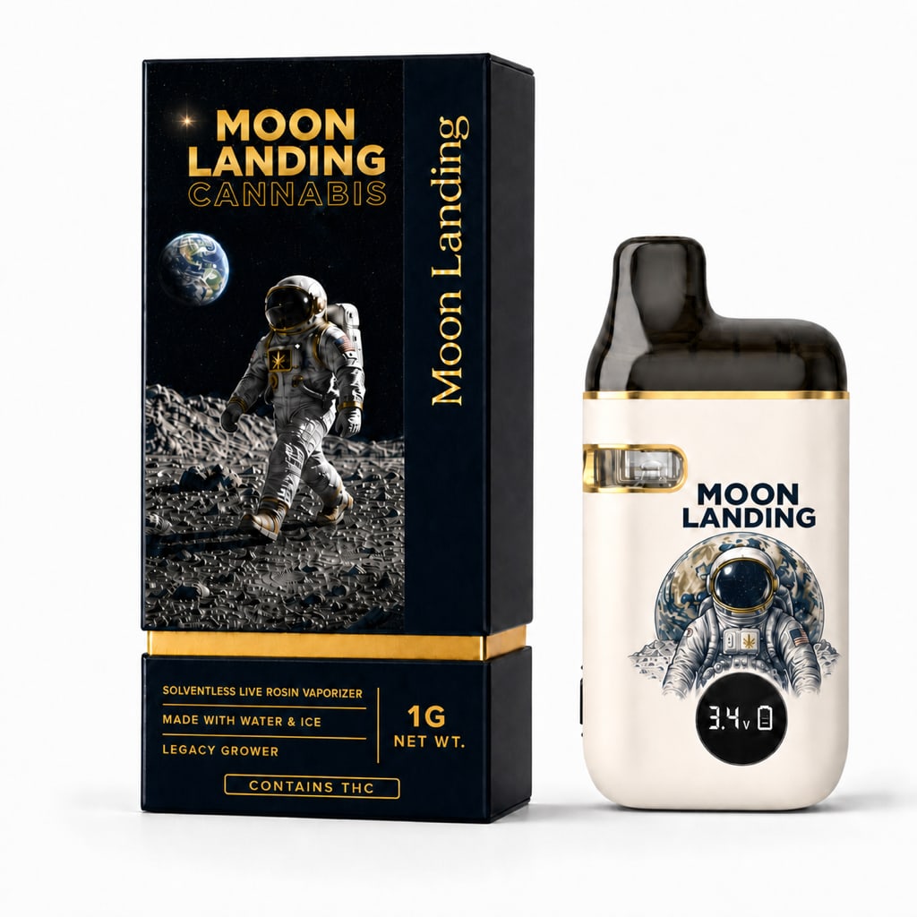 Moon Landing Live Rosin Vaporizer, cream-white device with navy rigid box