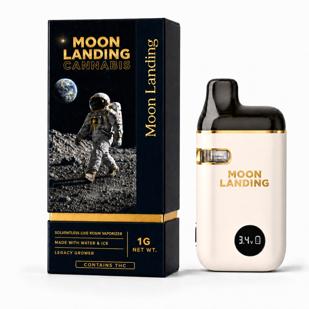 Moon Landing Live Rosin Vaporizer, cream-white device with navy rigid box