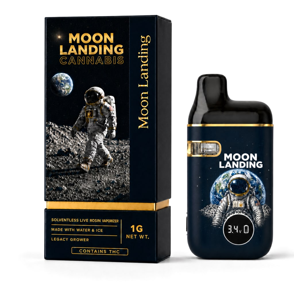 Moon Landing Live Rosin Vaporizer, midnight blue device with navy rigid box