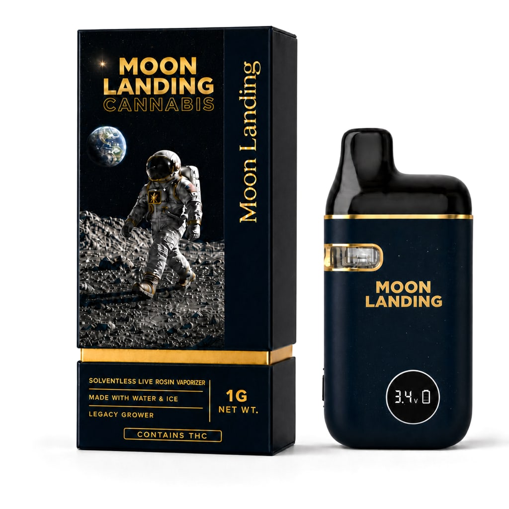 Moon Landing Live Rosin Vaporizer, midnight blue device with navy rigid box