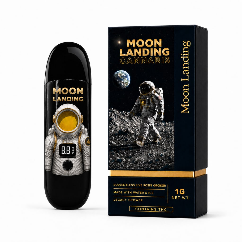 Moon Landing Live Rosin Vaporizer, black device with navy rigid box