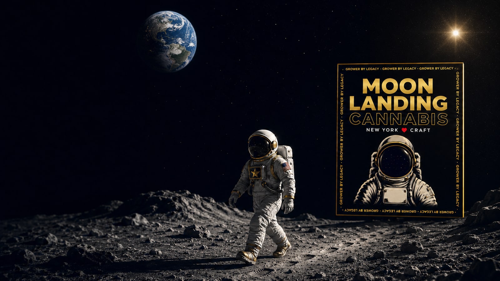 Astronaut crossing a lunar landscape beside Moon Landing cannabis packaging